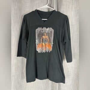 Vintage Pump Iron Graphic Jersey Tee Black Distressed Bodybuilding Oversized Fit
